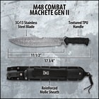 Upclose view of a combat machete black TPU handle with decorative grooves secured to the tang with black screws.
