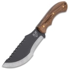 The comfortably curved wooden handle scales are secured with brass pins and feature thumb jimping