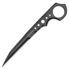 3 1/2" 3Cr13 stainless steel non-reflective blade with a straight-edged penetrating point with a handle featuring several grooves, thru-holes, and a large open-ring pommel.
