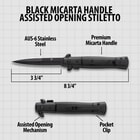 Diagram of black stiletto knife with measurements and features