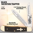 Black Salvation Trapper knife with Christian-themed etched blades