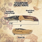 Diagram of steampunk pocket knife with measurements and features