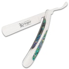 The handsome razor has an extended tang stainless steel blade with mirror finish and a 2 3/4” keenly sharp edge