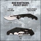 This knife has a massive 4 3/8” D2 tool steel blade with notching on the spine and a black oxide coated and bead-blasted finish