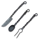 The set includes a knife, fork and spoon