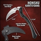 It has a 9”, full-tang 7Cr13 stainless steel, curved blade with a 5 3/4”, razor-sharp edge with weight-reducing thru-holes