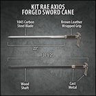 Zoomed view of Kit Rae Axios sword cane hilt embossed with designs and handle wrapped in faux leather
