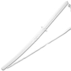 The 41 1/4” fantasy sword slides smoothly into its bright white, lacquered scabbard that is accented with white cord-wrap