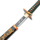 A close-up of the blade, handle and scabbard