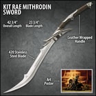 Close up view of kit rae sword with solild silver handle and genuine leather grip
