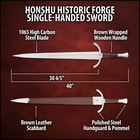 Stainless steel blade attached to polished handguard and wood handle wrapped in brown leather with hefty steel pommel
