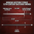 A detailed view of the Honshu Historic Forge 15th Century Bastard Sword's 1065 carbon steel blade with piercing point.
