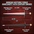 Detailed view of the Oakeshott Sword’s 1065 carbon steel blade with piercing point.