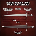 Detailed view of the piercing point of the Double Fuller Sword’s 1065 carbon steel blade.