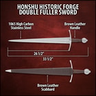 Detailed view of the piercing point of the Double Fuller Sword’s 1065 carbon steel blade.