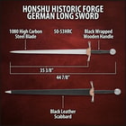 Zoomed view of the point of the 1065 carbon steel blade of the Honshu Historic Forge German Long Sword.