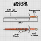 Middle Ages Medieval Broad Sword And Matching Faux Brown Wood Scabbard With Faux Leather Wrapping - 17" stainless steel blade