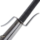 The two-handed handle is wrapped in wax-cord and it has a distinctive guard and an open-ring pommel that comes to a point