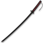 The katana has a black carbon steel blade
