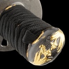 Each sword has a full-tang, carbon steel blade and black cord and faux rayskin wrapped handles with cast metal tsubas