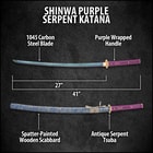 The hardwood handle is wrapped in genuine black rayskin and wrapped in purple cord and the habaki is polished brass