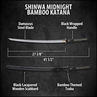 The high-quality katana has a 27 3/8”, keenly sharp Damascus steel blade, which extends from a brass habaki