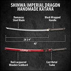 Zoomed view of katana handle showcasing brass habaki attached to custom cast metal tsuba extended to genuine rayskin handle
