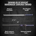 Shinwa Blue Knight Handmade Katana / Samurai Sword - Hand Forged Damascus Steel, More Than 1,000 Layers - Distinctive Custom Cast Tsuba - Faux Ray Skin - Functional, Battle Ready, Full Tang