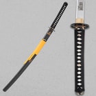 The hardwood handle is wrapped in white rayskin and intricately braided black cord over a leaf-shaped silver metal menuki