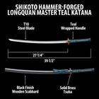 Shikoto teal wrapped and tea dyed rayskin katana sword laying on top of certificate of authenticity
