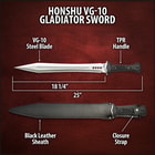 Angled view of honshu sharp gladiator sword with VG-10 steel blade standing at 18 1/4 inches in length

