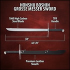 The sword has an overall length of 42 1/8” and can be carried in its premium leather sheath