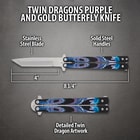 Diagram of butterfly knife with dragon artwork and dimensions