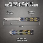 Diagram of butterfly knife with dragon artwork and dimensions