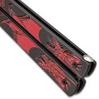Crimson Dragon Butterfly Knife - Stainless Steel Blade, Black Non-Reflective Finish, Raised Artwork, Latch Lock - Length 9 1/4”