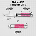 Diagram of a pink marble butterfly knife with measurements