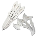 3 mirror polished throwing knives and 3 mirror polished throwing axes on a white background.
