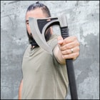 The deeply ridged handle is injection-molded, nylon reinforced fiberglass, secured to the axe head with sturdy steel bolts
