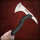 Up close view of a tomahawk axe handle made of black textured nylon on a white background.
