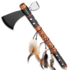 Southwestern Tomahawk Peace Pipe - Stainless Steel Head With Bowl, Wooden Handle, Leather Grip, Feather And Brass Stud Accents - Length 17 3/4”