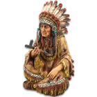 Native American Chief With Peace Pipe Sculpture - Crafted Of Polyresin, Hand-Painted, Exceptional Detail - Dimensions 7 3/4”x 3 3/4”x 5 1/4”