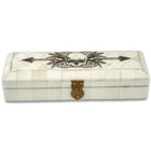 Skull And Arrow Bone Box - Genuine Bone, Brass Hinged Lid, Etched Design, Felt Lined Interior And Bottom - Dimensions 7” x 2 3/8” x 1/2"