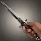 It has a double-edged, 7 1/2” mirror-polished, stainless steel blade with a penetrating point and Hibben’s signature stamp