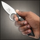 The smooth, black pakkawood handle scales are secured to the tang with heavy-duty stainless steel pins