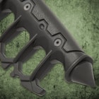 It has a keenly sharp, 7 3/4” 1065 high carbon steel cleaver blade with a black, hard coating and it features a blood groove