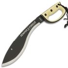 It has a massive, 14 1/2” full-tang stainless steel blade with a non-reflective black coating and powerful sawback serrations