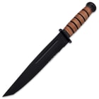 The knife has a keenly sharp, 9 1/4” stainless steel tanto blade with a non-reflective finish and partial serrations