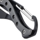 The metallic grey handle is made of a lightweight cast aluminum and sturdy TPU and features a carabiner-style clip