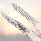 Two blades of a knife with religious engravings