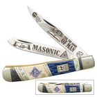 Kissing Crane 2020 Masonic Trapper Pocket Knife - Stainless Steel Blades, Bone And Pearl Handle Scales, Nickel Silver Bolsters